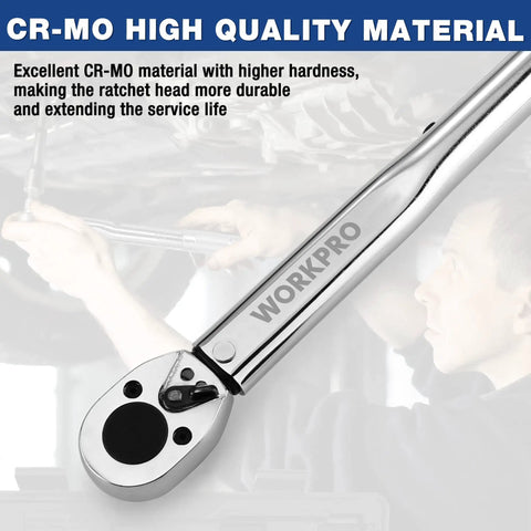 Heavy Hitter Adjustable Torque Wrench Set Featuring Three Square Drive Heads For Quick Shop Fixes And Weekend Garage Builds With Smooth Ratcheting Action And Dead On Calibration showing CR-MO ratchet head close-up.