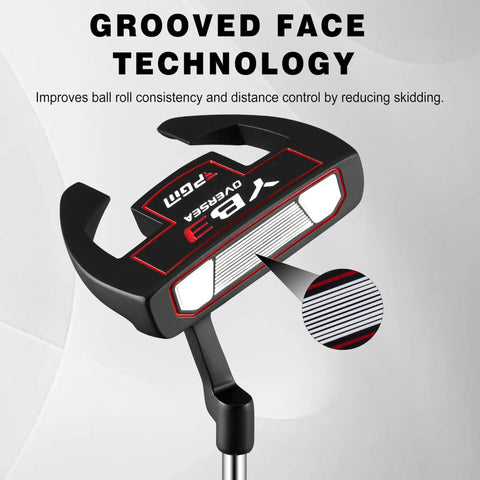 Unisex Right Hand Mallet Golf Putter With Anti Twist Design And Alignment Guide Stepped Shaft For Consistent Putts Low Center Of Gravity For Smooth Roll 34 Inches, black head showing grooved face technology.