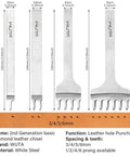 Leather Hole Punch Tool Set With Pricking Iron And Diamond Stitching Chisel, white steel, 3mm to 6mm spacing, 1/2/4/6 prongs.