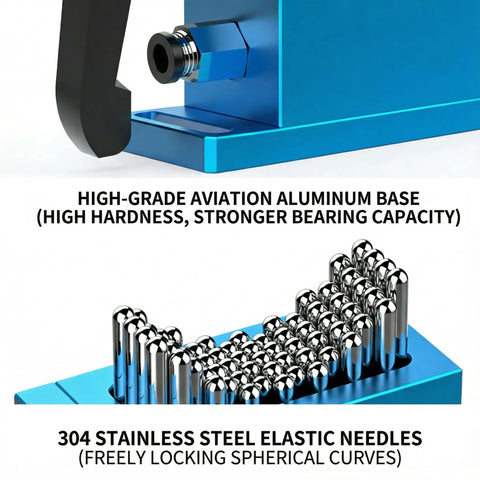 Flexible Stainless Steel Fixture for CNC Laser, aluminum base, steel needles, high hardness, secure parts during precision alignments.