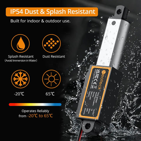Straight Shooting 12 Volt Telescoping Linear Actuator With One Point Two Inch Stroke Delivers Six Point Seven Pound Push Thrust and IP54 rated for dust and splash resistance.