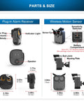 Half Mile Range Wireless Driveway Alarm Kit With Weather Resistant Motion Sensors detailed parts and sizes chart