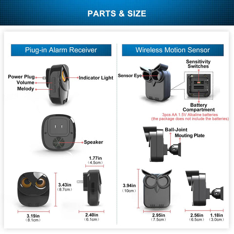 Half Mile Range Wireless Driveway Alarm Kit With Weather Resistant Motion Sensors detailed parts and sizes chart