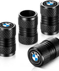 BMW Tire Valve Stem Caps 4 Pack For Cars SUVs Trucks And Motorcycles Universal Fit Black Valve Caps on white surface