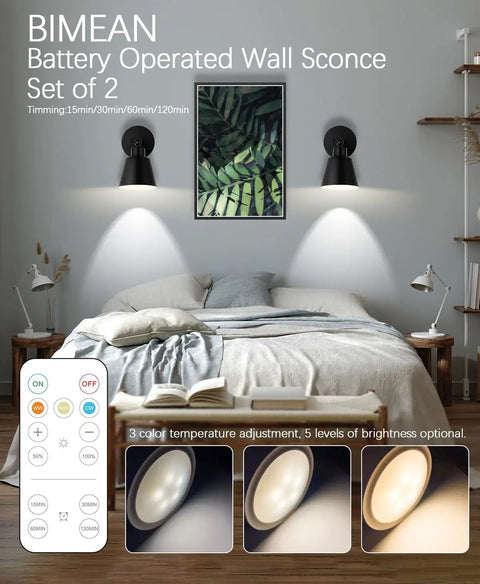 Black Wireless Led Wall Sconces Set Of Two With Remote Control Dimmer And Auto Timer Zero Drilling Hassle Straight Forward Battery Mount, placed in bedroom setting.