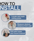 Installation steps for adjustable ceiling ski and snowboard rack for overhead storage, showing marking joists and drilling holes