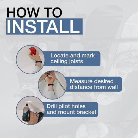 Installation steps for adjustable ceiling ski and snowboard rack for overhead storage, showing marking joists and drilling holes