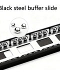 Close-up of black steel side mount ball bearing drawer slide showing bearings and rail details.