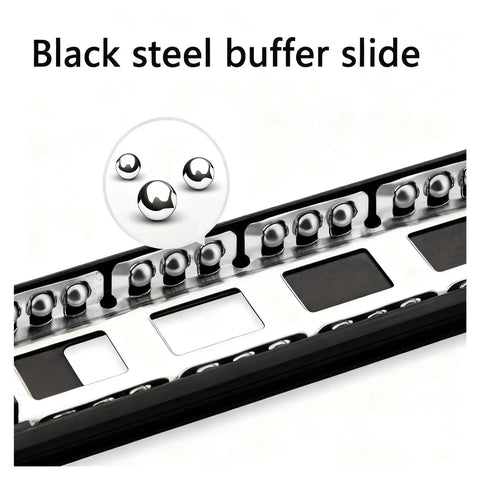Close-up of black steel side mount ball bearing drawer slide showing bearings and rail details.