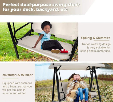 Two Seat Outdoor Patio Swing Chair With Adjustable Canopy Removable Cushions Sturdy 600 Lb Frame For Backyard