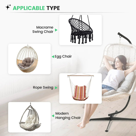Heavy Duty Hammock Chair Stand For Indoor And Outdoor Use, C Type Frame, 330 Lb Capacity, in use with various chair types