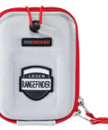 Front view of silver Hard Shell EVA Carry Case for Golf Rangefinders, featuring waterproof shockproof design, with red accents.