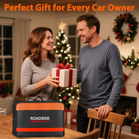 Couple exchanging gift next to car emergency kit with air compressor for roadside safety, winter prep essentials, and tools.