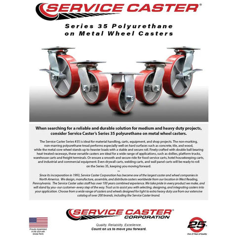 Heavy Duty Polyurethane On Cast Iron Swivel Caster With Bolt Lock And Free Bearings 8 Inch Red Wheel Bad Boy Roller, four casters displayed on a metal surface.