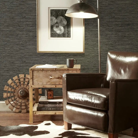 Living room with Faux Grasscloth Gray Peel And Stick Wallpaper Roll Self Adhesive Vinyl With Metallic Accent, no fuss non textured finish