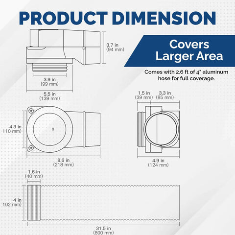 Magnetic Dryer Vent Connector Kit dimensions with 2.6ft 4-inch aluminum hose and two clamps for tight spaces no tools