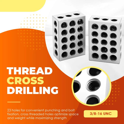 Pair Of 1 X 2 X 3 Inch Machinist Block Set With Screws, 23 Holes, One In Ten Thousandth Precision For Shop Use, high hardness steel