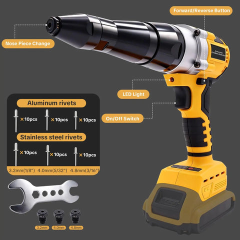 Heavy Duty Brushless Cordless Rivet Gun Tool Compatible With Dewalt 20V Max Battery, high torque, LED light and wrench included.