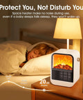 Compact Electric Fireplace Heater For Small Rooms With Real 3D Flame Vibe, PTC Ceramic Heating next to sleeping child