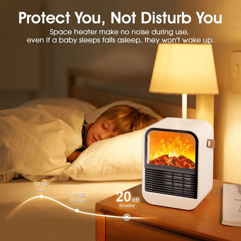 Compact Electric Fireplace Heater For Small Rooms With Real 3D Flame Vibe, PTC Ceramic Heating next to sleeping child