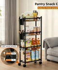 Four Tier Narrow Rolling Storage Cart With Wheels For Tight Spaces, Skinny Metal Mobile Shelf Organizer for Pantry, Black Finish