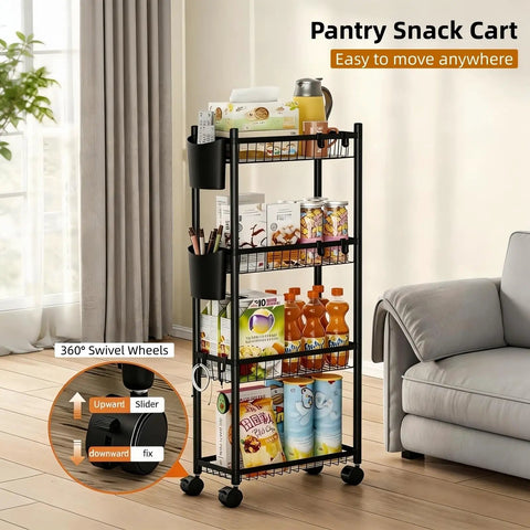 Four Tier Narrow Rolling Storage Cart With Wheels For Tight Spaces, Skinny Metal Mobile Shelf Organizer for Pantry, Black Finish
