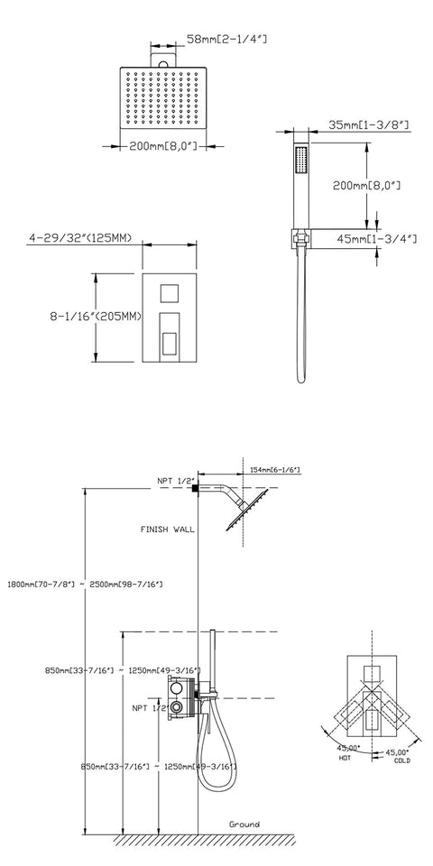Technical diagram of Polished Chrome Shower System With 8 Inch Rain Shower Head And Handheld, Wall Mounted Spa Vibe Shower Faucet Set