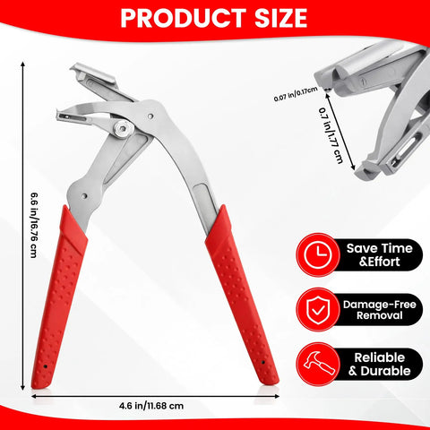 Professional Grade Dead Simple Car Clip Pliers And Panel Removal Tool For Rides Safely Yanking Plastic Fasteners Push Pins And Door Trim Without Marring Dashboards Or Bumpers Daily dimensions displayed with red rubber grips.