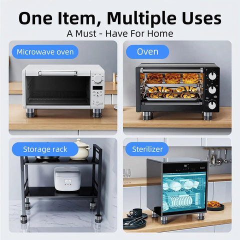 Heavy Duty Adjustable Metal Microwave Riser And Air Fryer Stand Elevators With Non Slip Pads Four Pack Multi Purpose Leveling Shims used under microwave and oven on countertop.