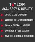 Image displaying features of Dial Style 70-Pound Heavy-Duty Industrial Hanging Scale with 70lb capacity and durable steel casing.