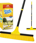Heavy Duty Push Broom With 60 Inch Long Handle And 18 Inch Stiff Bristle Head For Floor Cleaning Indoors Outdoors displayed in packaging and assembled view.
