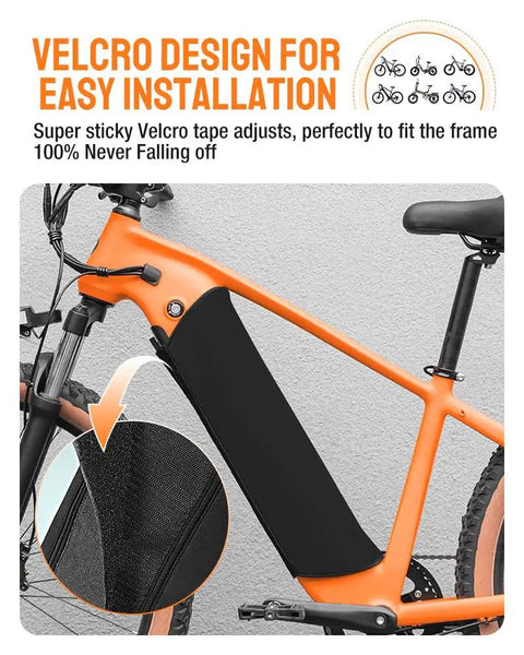Orange bike with Large Ebike Battery Cover Waterproof For Bicycle Frame Protector, 50x50 Cm Thick 5mm Shield, Velcro design