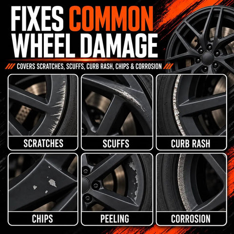 Premium Matte Black Wheel Scratch Repair Kit And Rim Paint Pen To Dodge Curb Bashers And Road Grit shows common wheel damage types.