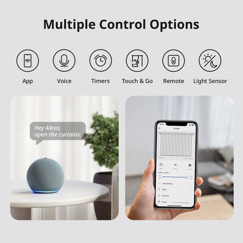Smart Curtain Motor With Wireless App Control And Timers Works With Alexa Google Home And IFTTT Hub Ready For Smart Home Setup Rod20 Version White Easy No Tool Installation For Smooth Sliding shown with app and voice control options.