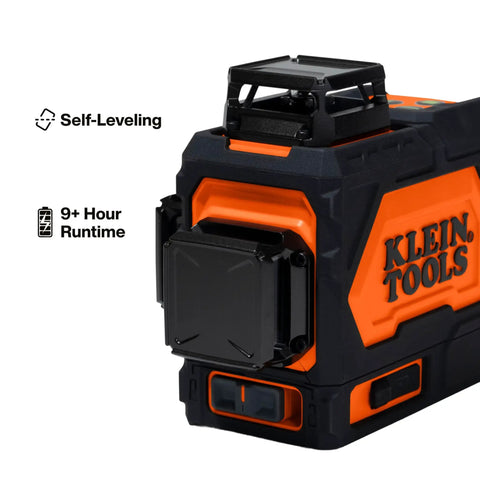 Self Leveling Laser Level With 3x360 Degree Green Beams Rechargeable Battery Magnetic Mount And Compact Rugged Design For Fast Accurate Interior And Exterior Layouts On Any Jobsite. orange and black laser level with self-leveling base
