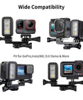 Rechargeable Underwater Video Light 450 Lumens for GoPro and Osmo with cameras attached showing compatibility