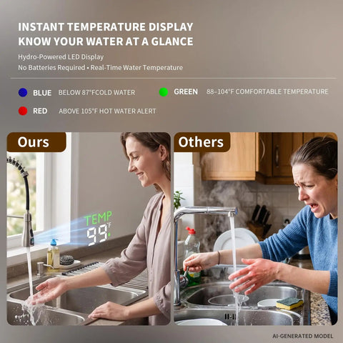 Kitchen Faucet with Glass Rinser & LED Temperature, Pull Down Sprayer showing instant temperature display and water flow.