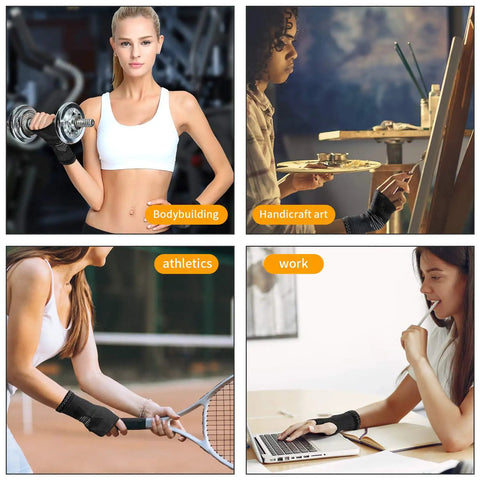 Four-panel image showing wrist compression sleeves pair for carpal tunnel pain relief being used during bodybuilding, painting, tennis, and typing.