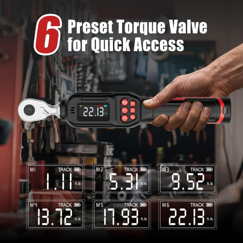 Digital Torque Wrench One Quarter Inch Precision Tool For Bikes And Small Engines Dialed In With Accurate Plus Minus Two Percent Torque From 1.11 To 22.13 Ft-Lb And 1.5 To 30 Nm, Ideal For Bike Builds Motorcycle Parts And DIY Garage Projects. 1/4-inch digital torque wrench with display in workshop