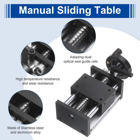 Beefy 50mm Travel Manual Sliding Linear Stage With Ball Screw SFU1605 showcasing dual optical axis guide rails and hand wheel.
