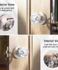 Privacy Glass Door Knob For Bedroom And Bathroom With Lock In Dope Satin Nickel Finish, Diamond Clear Crystal Knob On Victorian Plate Rosette, Vintage Interior Door Hardware To Elevate Any Door, shown in exterior and interior view on wooden door.