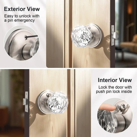Privacy Glass Door Knob For Bedroom And Bathroom With Lock In Dope Satin Nickel Finish, Diamond Clear Crystal Knob On Victorian Plate Rosette, Vintage Interior Door Hardware To Elevate Any Door, shown in exterior and interior view on wooden door.