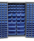 Heavy Duty Deep Door Bin Cabinet With 132 Blue Plastic Parts Organizers For Warehouse And Mobile Garage Setup Featuring Smooth Swing Ventilated Doors, fully stocked.