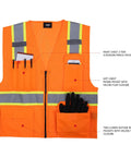 Hi Vis Mesh Safety Vest For Work With ANSI Class 2 Reflective Strips And Zipper, 8 Pockets, Breathable Quick Dry Polyester, Orange For Men, Durable Construction Site Gear With Large ID Pocket And Pencil Pockets showing front view with pocket labels