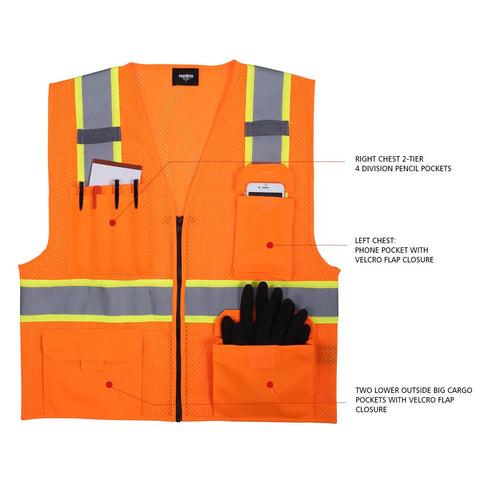 Hi Vis Mesh Safety Vest For Work With ANSI Class 2 Reflective Strips And Zipper, 8 Pockets, Breathable Quick Dry Polyester, Orange For Men, Durable Construction Site Gear With Large ID Pocket And Pencil Pockets showing front view with pocket labels