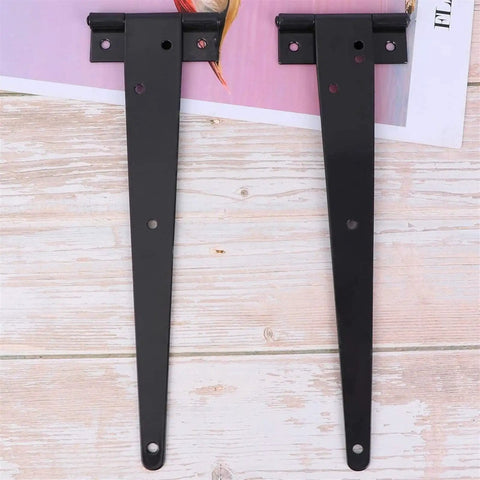 Tough As Nails T Shape Triangular Door Hinge with black iron body and six precision mounts for strong support.