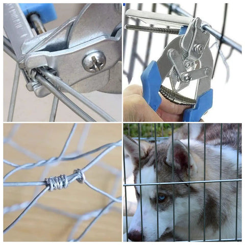 Four images showing Two Pack Type M Nail Ring Pliers Kit With 1200 Zinc Alloy Hog Rings for animal cage repairs in use.