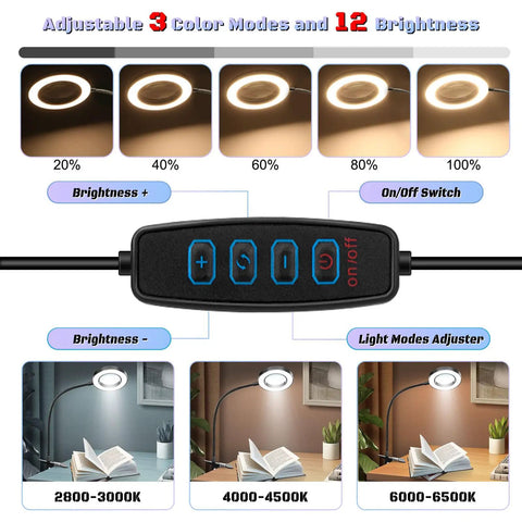 10X Lighted Magnifying Glass With Clip On Mount 48 LED Desk Clamp Magnifier showing lighting modes and brightness controls