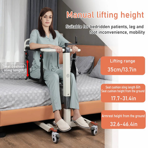 Heavy Duty Patient Lift Transfer Chair With Easy Hand Crank For Smooth Bed To Wheelchair Moves, showing a user in comfy pajamas.