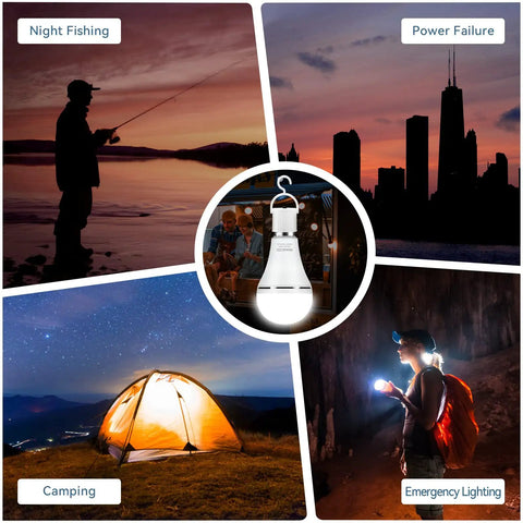 Rechargeable Emergency LED Bulbs With 1500mAh Battery Backup For Power Outages 15W 80W Equivalent shown for camping